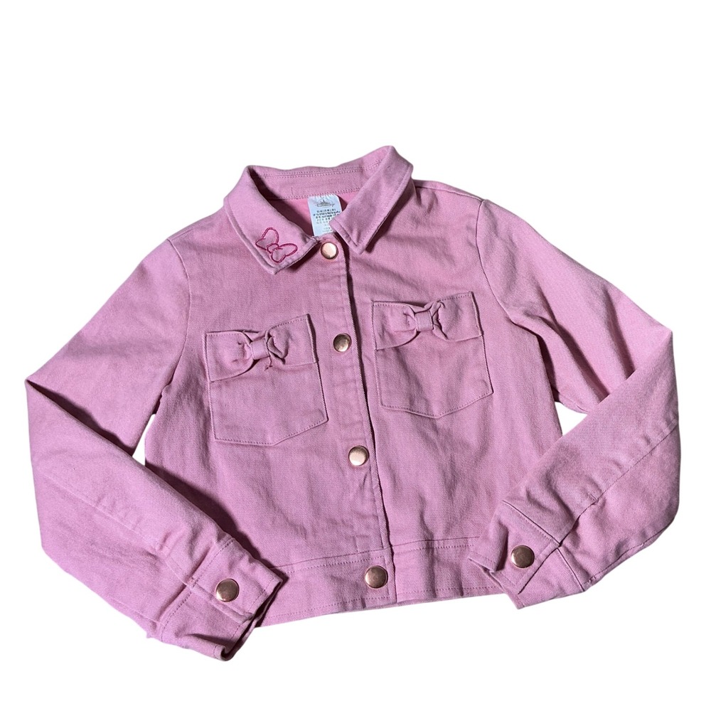 Disney Parks Minnie Mouse Pink Denim Jacket Bows Rose Buttons Kids L Disneycore